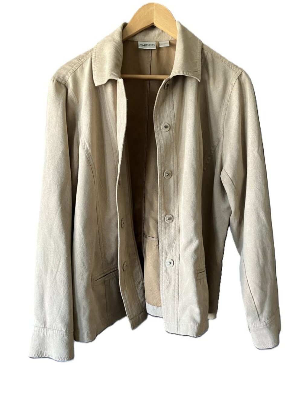 Chico's Size 3 (XL/16) Light Weight Faux Suede Button-Down Jacket Coat Beige/Tan